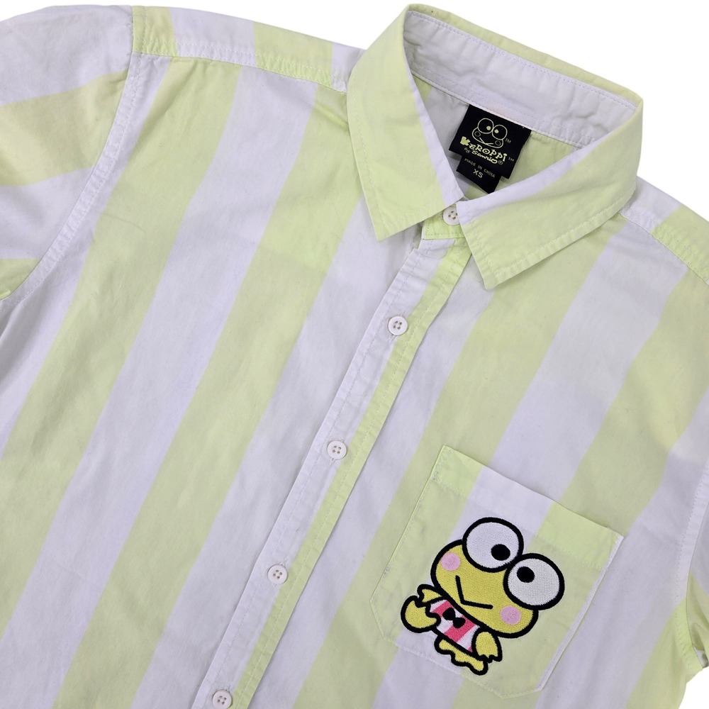 Sanrio XS Keroppi Striped Button Up Shirt Mens Lime Green Kawaii Anime 2022